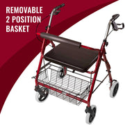 Red walker with a brown seat and basket on a white background