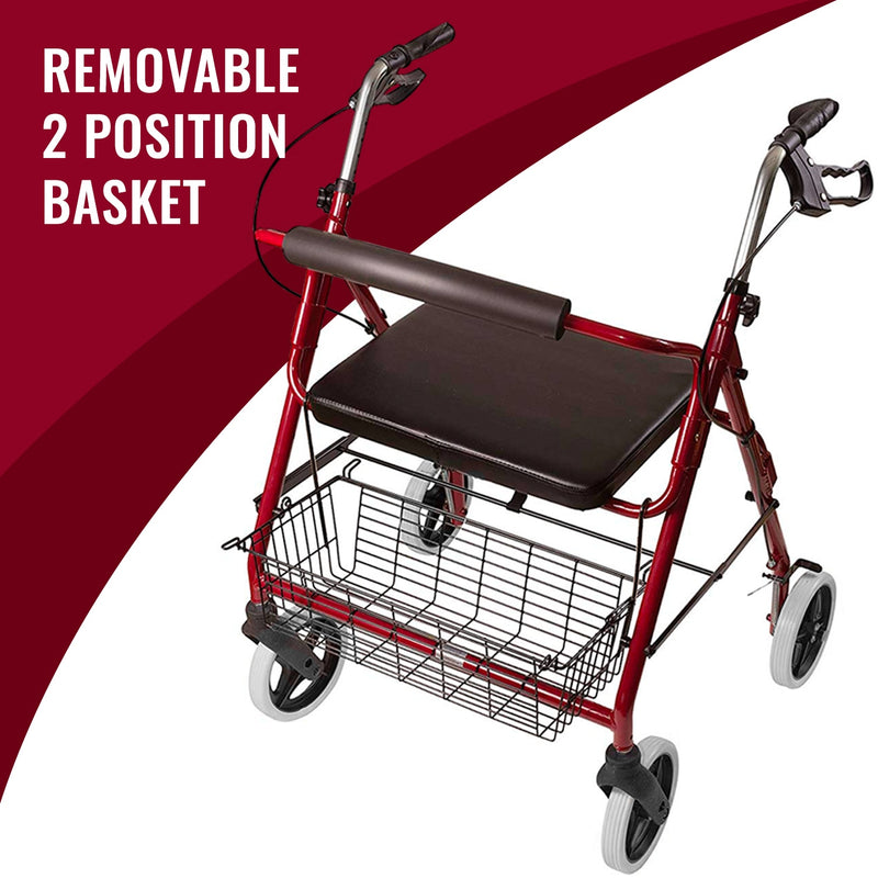 Red walker with a brown seat and basket on a white background