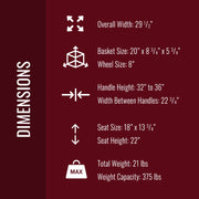 A dark red informational graphic with white text and icons showing product dimensions: overall width 29 1/2 inches, basket size 20 x 8 3/4 x 5 3/4 inches, wheel size 8 inches, handle height 32 to 36 inches, width between handles 22 3/4 inches, seat size 18 x 13 3/4 inches, seat height 22 inches, total weight 21 lbs, and weight capacity 375 lbs.