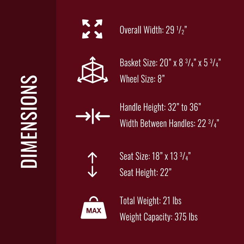 A dark red informational graphic with white text and icons showing product dimensions: overall width 29 1/2 inches, basket size 20 x 8 3/4 x 5 3/4 inches, wheel size 8 inches, handle height 32 to 36 inches, width between handles 22 3/4 inches, seat size 18 x 13 3/4 inches, seat height 22 inches, total weight 21 lbs, and weight capacity 375 lbs.