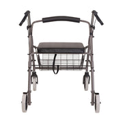 A metal rollator walker with a padded black seat, black handlebar, wire basket, and four wheels, shown from the front on a plain white background.