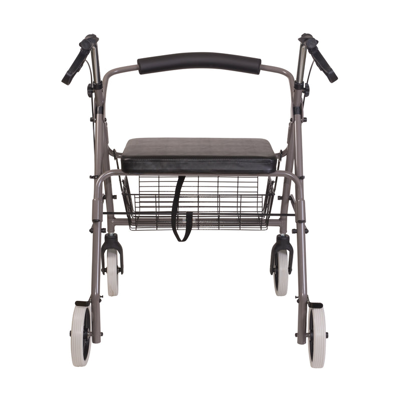 A metal rollator walker with a padded black seat, black handlebar, wire basket, and four wheels, shown from the front on a plain white background.