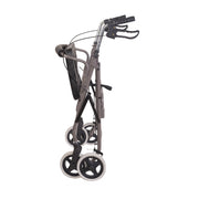 A compact folding three-wheel walker with a gray frame, black handlebars, and white-walled wheels, shown on a plain white background.