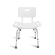 White plastic and metal adjustable shower chair with a backrest and armrests, shown on a clean white background.