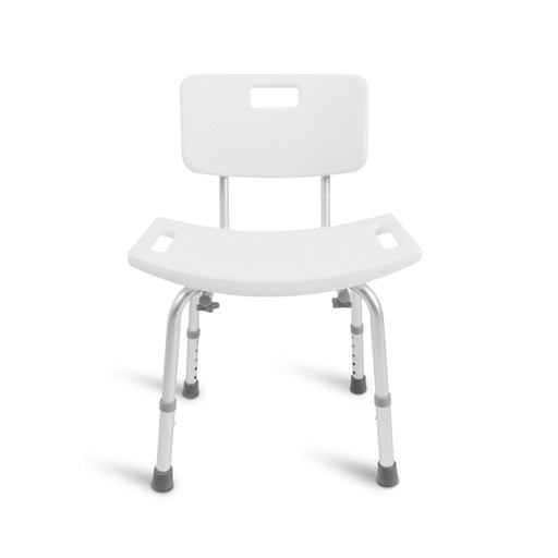 White plastic and metal adjustable shower chair with a backrest and armrests, shown on a clean white background.