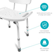 White and silver adjustable shower chair with callout icons highlighting vented seat, rust-resistant aluminum frame, and slip-resistant rubber tips on a white background.