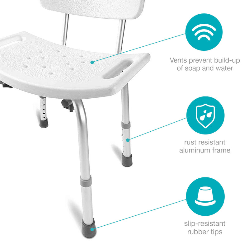 White and silver adjustable shower chair with callout icons highlighting vented seat, rust-resistant aluminum frame, and slip-resistant rubber tips on a white background.