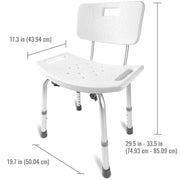 White shower bench with dimensions labeled on a white background