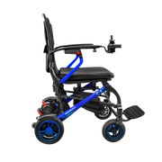 A compact electric wheelchair shown from a side profile view against a solid white background. The wheelchair features a black seat and backrest, a bright blue frame, black wheels with blue rims, and a black footrest.