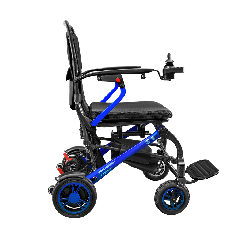 A compact electric wheelchair shown from a side profile view against a solid white background. The wheelchair features a black seat and backrest, a bright blue frame, black wheels with blue rims, and a black footrest.