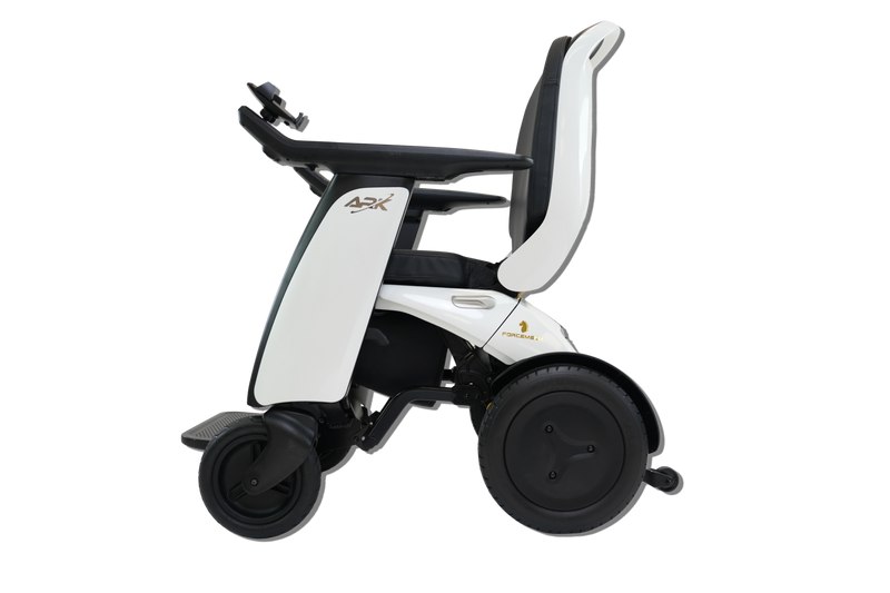A white and black electric power wheelchair shown from a side profile view against a solid white background.