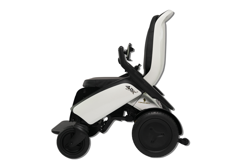 A side profile view of a modern power wheelchair with a white and black seat, black wheels, and a black headrest support, isolated on a white background.