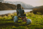 All-terrain wheelchair in a grassy field with mountains and water in the background