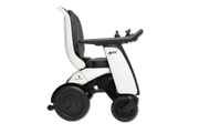 A white and black electric power wheelchair shown from a side profile view against a solid white background. The wheelchair features a high backrest, padded armrests, and three wheels, with the brand name 'A4X' visible on the side panel.