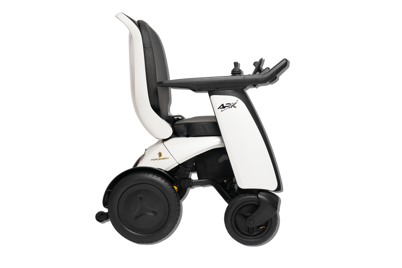 A white and black electric power wheelchair shown from a side profile view against a solid white background. The wheelchair features a high backrest, padded armrests, and three wheels, with the brand name 'A4X' visible on the side panel.