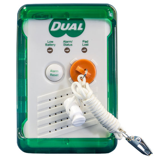 Dual security system control panel with green casing on a white background