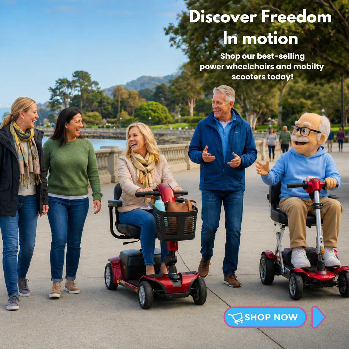 People using mobility scooters in a park with promotional text for power wheelchairs and scooters.