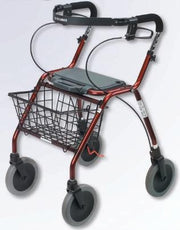 A rollator walker with a dark red metal frame, black wire basket, black seat, and gray wheels, shown on a plain white background.