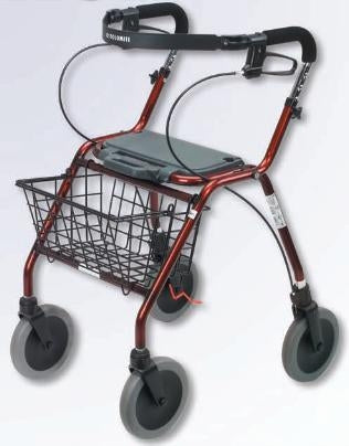 A rollator walker with a dark red metal frame, black wire basket, black seat, and gray wheels, shown on a plain white background.