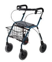 A blue and black rollator walker with a seat, front wire basket, and four wheels, shown on a plain white background.
