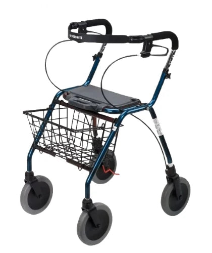 A blue and black rollator walker with a seat, front wire basket, and four wheels, shown on a plain white background.