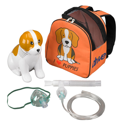 Dog-shaped nebulizer, orange bag with puppy design, and medical equipment on a white background