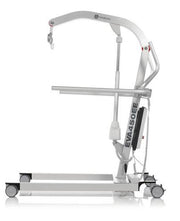 A white and silver electric patient lift with wheels, featuring a curved lifting arm, support frame, and control panel, shown on a plain white background.