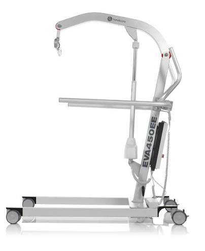 A white and silver electric patient lift with wheels, featuring a curved lifting arm, support frame, and control panel, shown on a plain white background.
