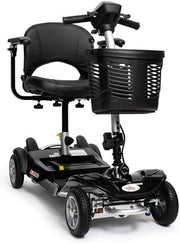 Black mobility scooter with a basket on a white background
