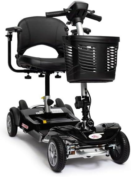 Black mobility scooter with a basket on a white background