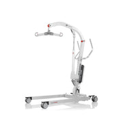 A white and silver motorized power lift chairlift with four wheels, featuring a curved lifting arm, handrails, and a weight display, shown on a white background with a reflection.