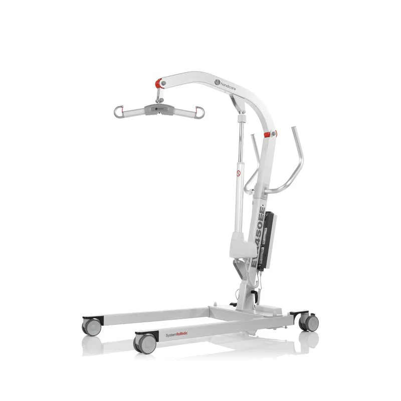 A white and silver motorized power lift chairlift with four wheels, featuring a curved lifting arm, handrails, and a weight display, shown on a white background with a reflection.