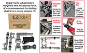 Promotional image of EZRide accessory pack for rigid frame wheelchairs with various components and text.