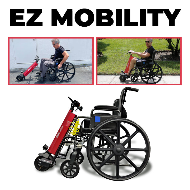EZ Mobility wheelchair with attached scooter attachment, shown in use by a person.