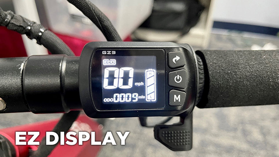 Digital display on a scooter handlebar with 'EZ Display' branding.