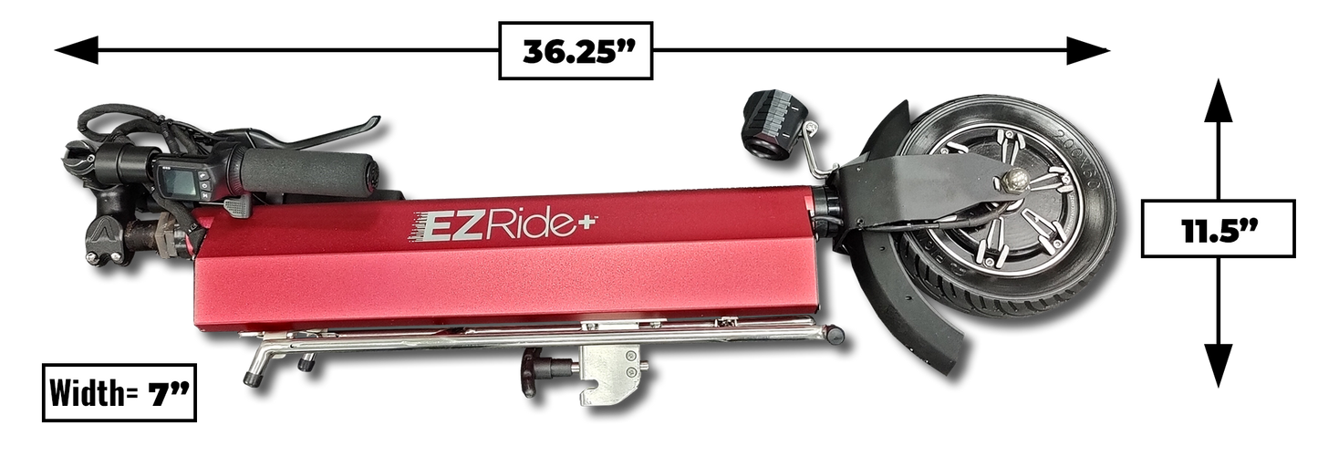 Red EZ Ride scooter with measurements on a white background
