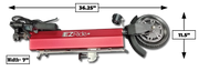Red EZ Ride scooter with measurements on a white background