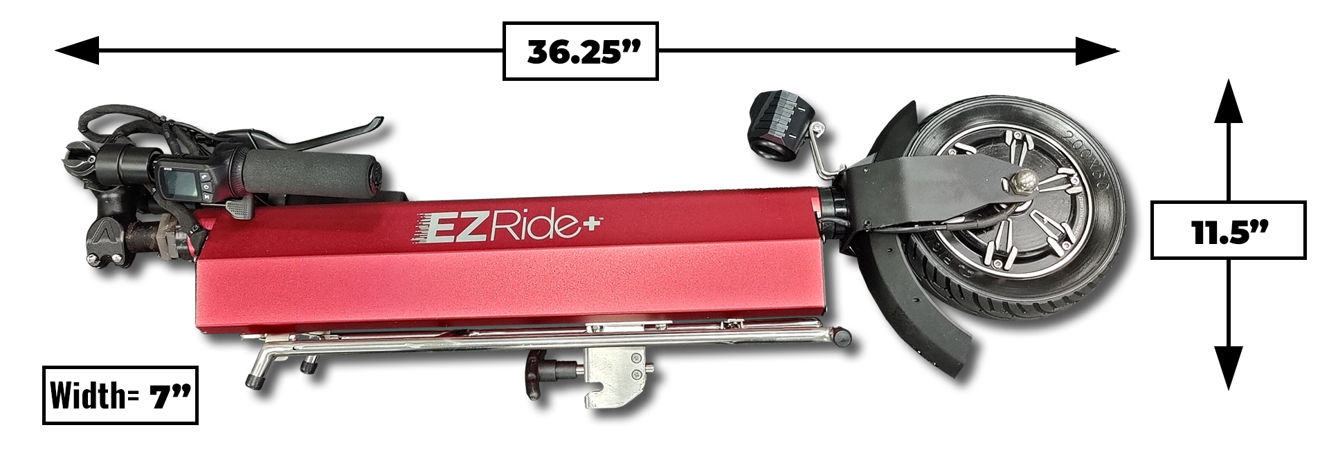 Red EZ Ride scooter with measurements on a white background