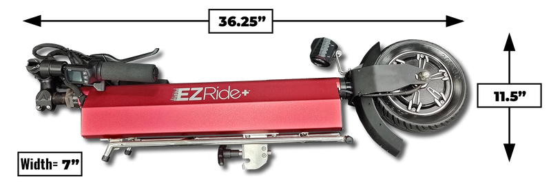 Red EZ Ride scooter with measurements on a white background