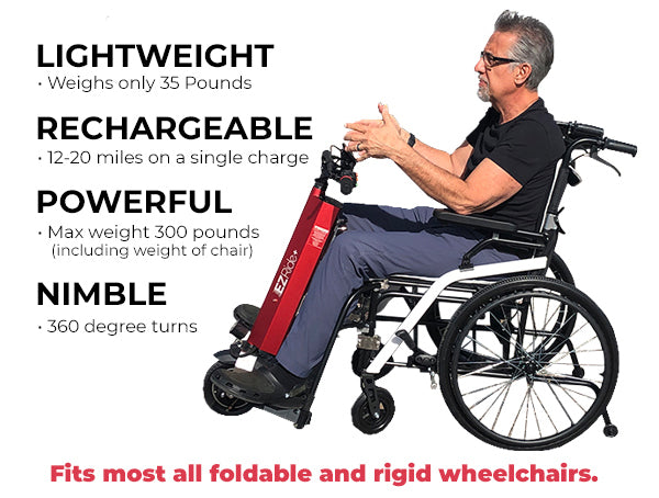 Person using a red and black electric wheelchair with features listed on the left.