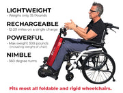 Person using a red and black electric wheelchair with features listed on the left.