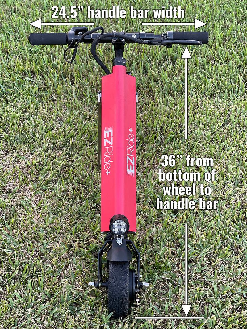 Red scooter with measurements labeled on a grass background