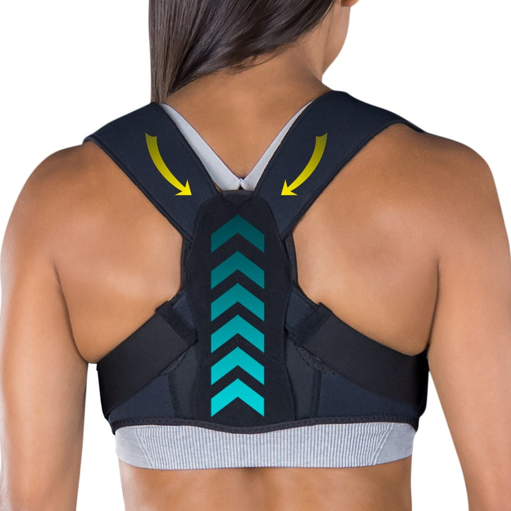 Person wearing a black and teal posture corrector on a white background