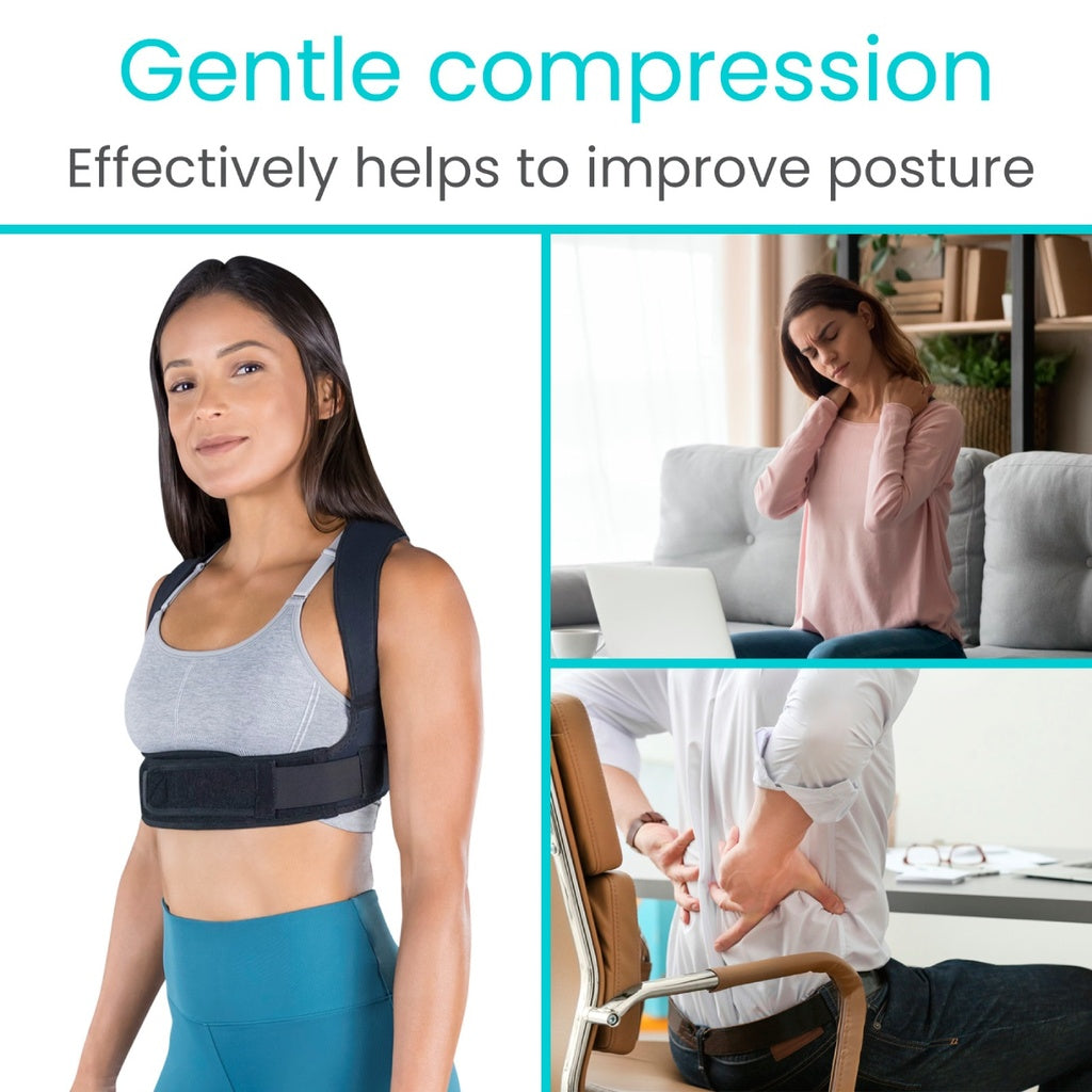 Woman wearing a posture corrector with text about gentle compression improving posture.