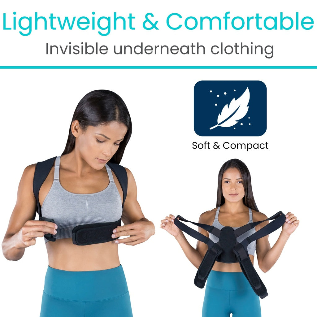 Woman wearing a black posture corrector with text 'Lightweight & Comfortable' and 'Invisible underneath clothing'.