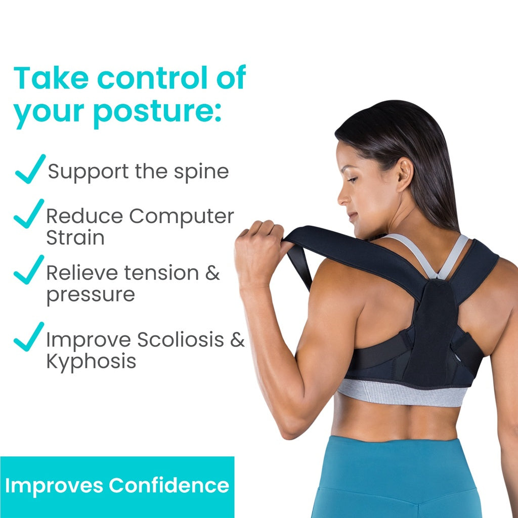 Woman wearing a posture corrector with text highlighting benefits on a white background