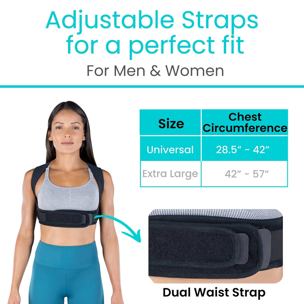 Woman wearing a black posture corrector with text and size chart on a white background