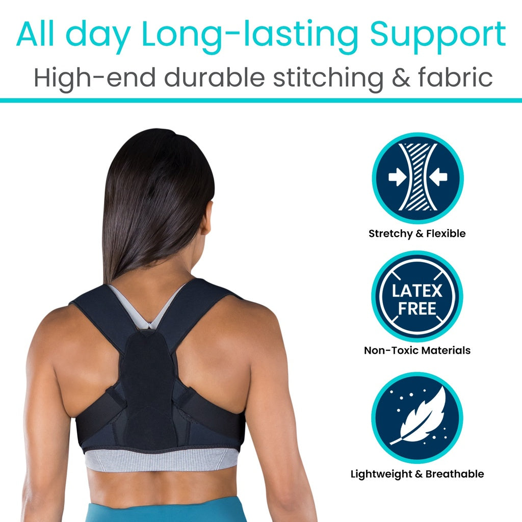 Person wearing a black posture corrector with text and icons highlighting features on a white background