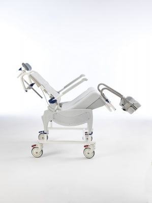 Medical examination table on wheels with a white background