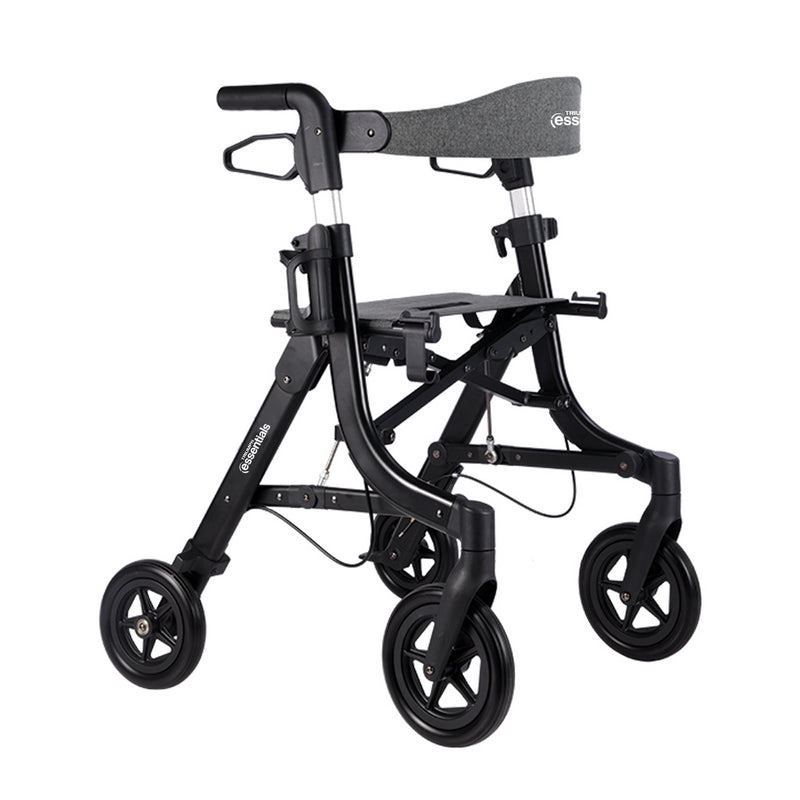 Black rollator with four wheels on a white background
